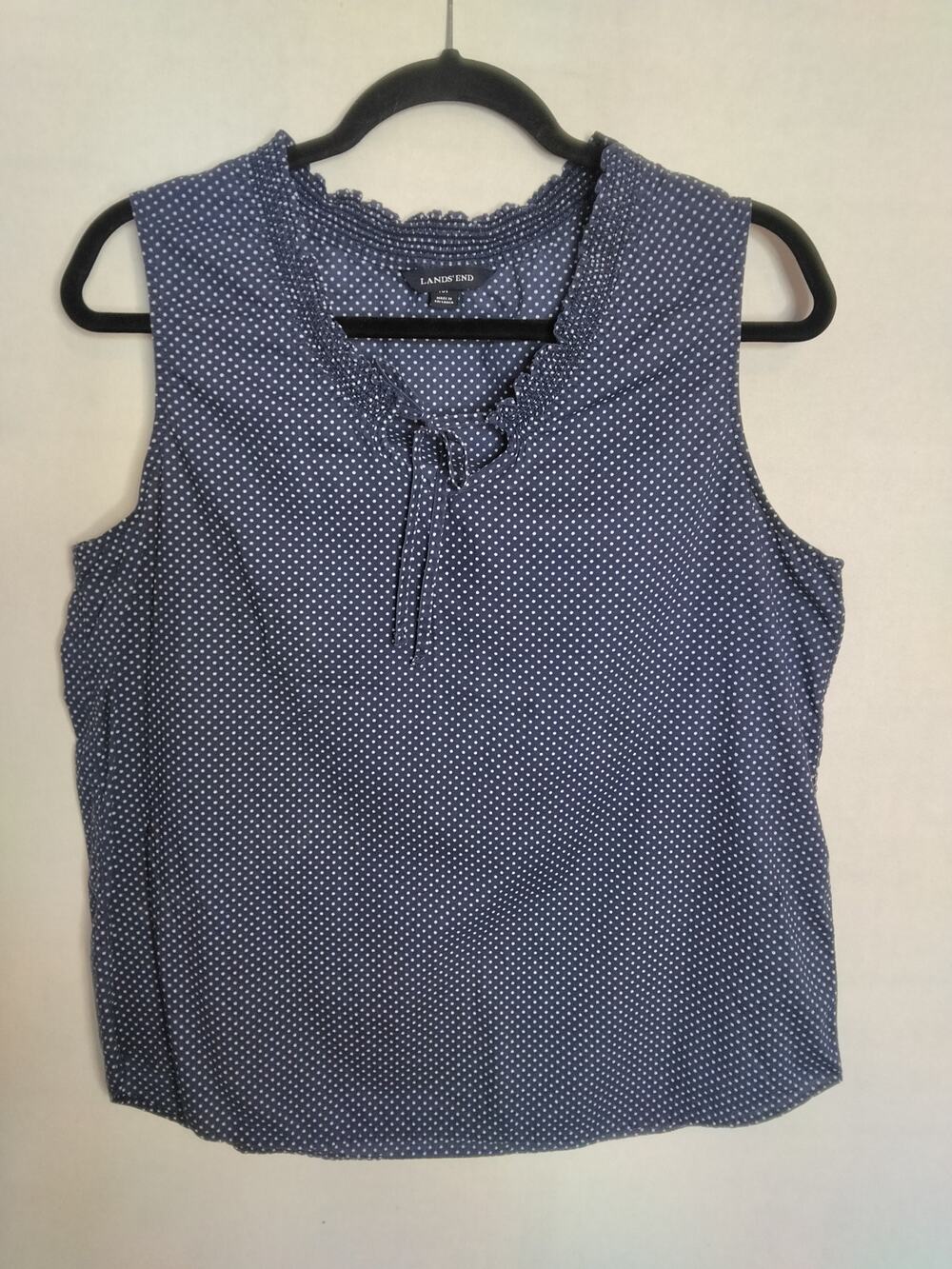 Lands' End Sleeveless Top Sz 10P Navy Blue Polka Dots Ruffle Neck Preppy Classic